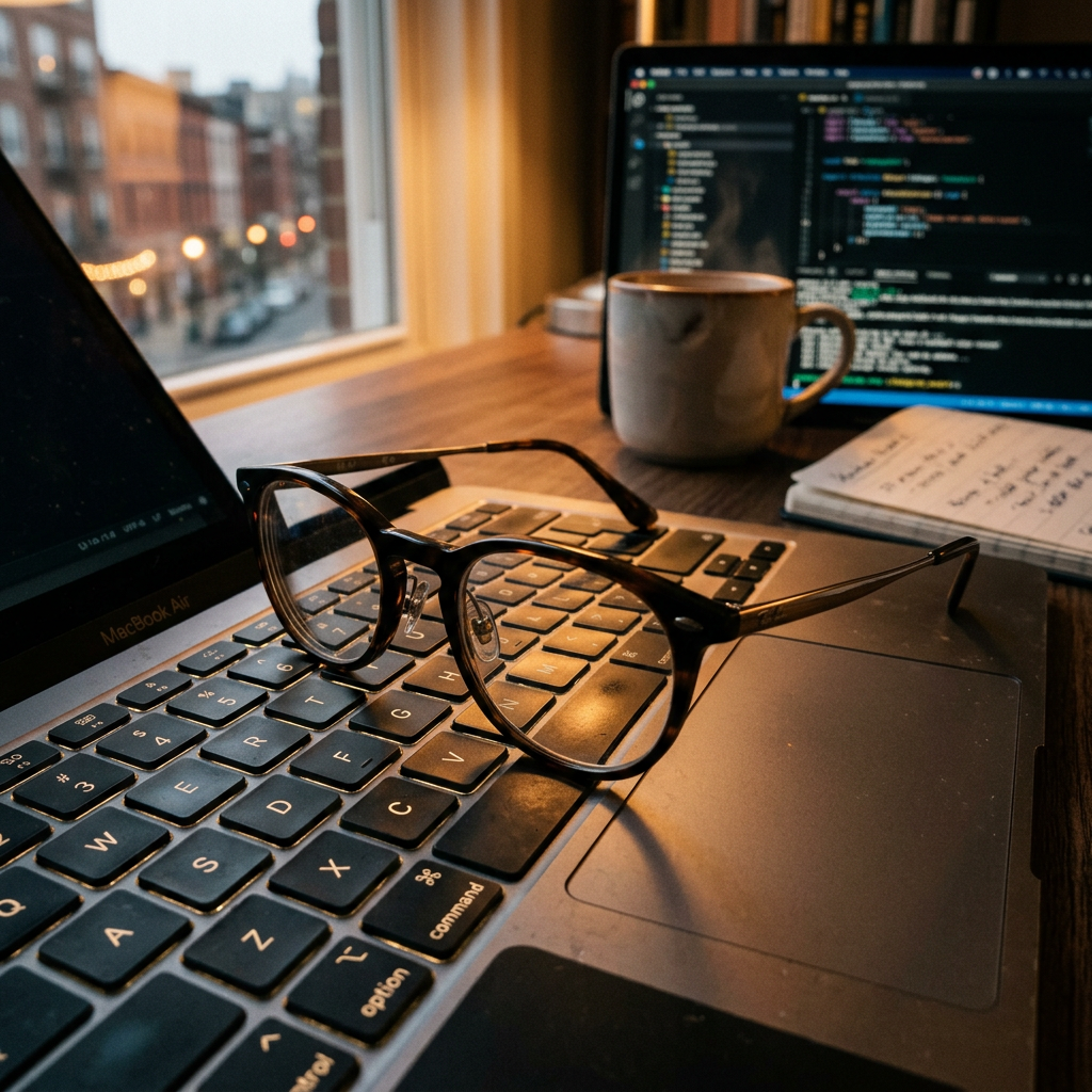 Glasses on laptop keyboard with coffee mug and code on screen