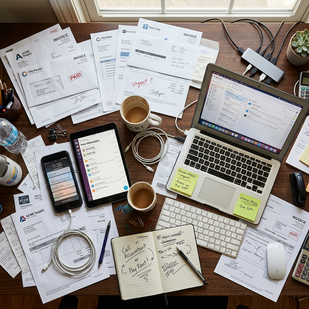 Desk with unpaid invoices, laptop, phone, tablet, coffee mugs, and handwritten notes about bill payments