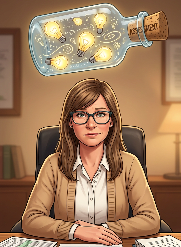 llustration of a woman at her desk with completed spreadsheets and reports, as glowing ideas and Excel formulas sit sealed inside a corked bottle labeled "Assessment" floating above her head.